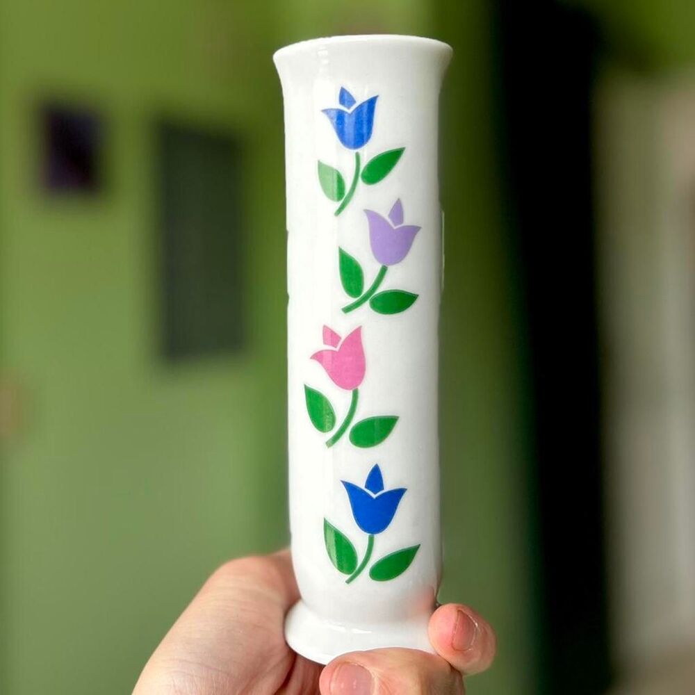VTG Colorful Tulip Floral Thin Vase Cottage